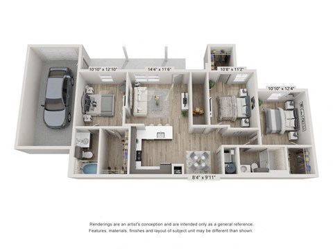 Floor plan for 3 beds, 2 baths, 1234 sqft